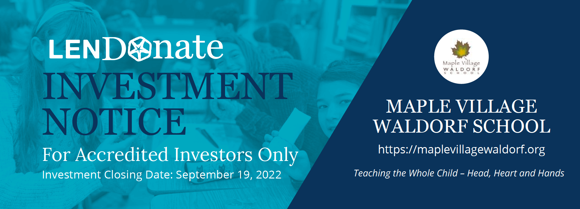 LENDonate investment notice details for Maple Village Waldorf School