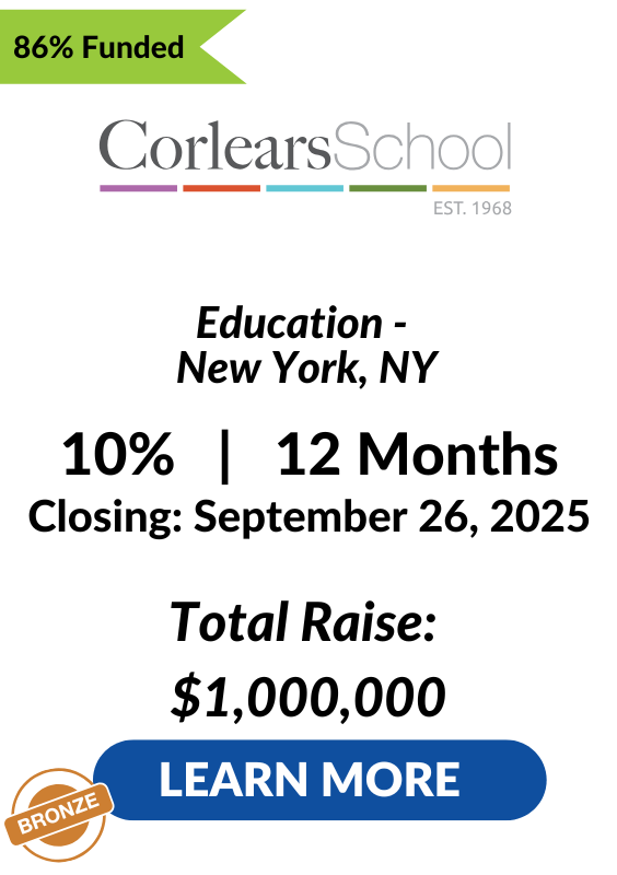 Corlears School Investment Tombstone Sept 26 2025 86 percent funded
