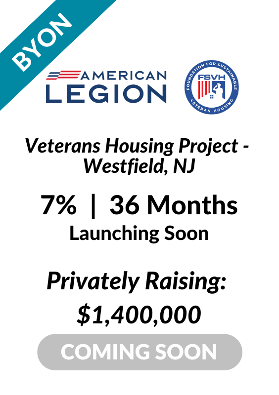 Westfield NJ Veteran Organization Housing Project LENDonate BYON Coming Soon Investment Tombstone