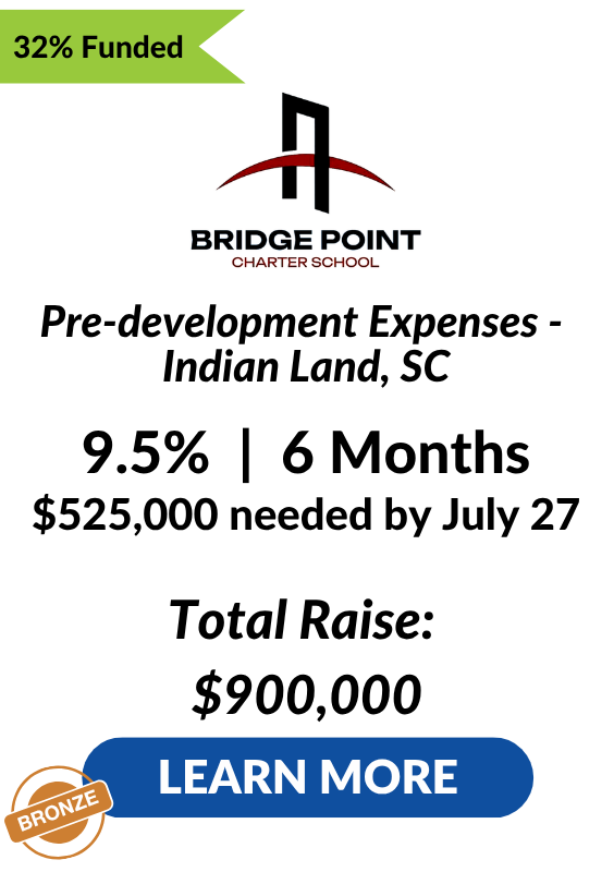 Bridge Point Charter School LENDonate Investment Tombstone Closing July 27 - 32 percent funded