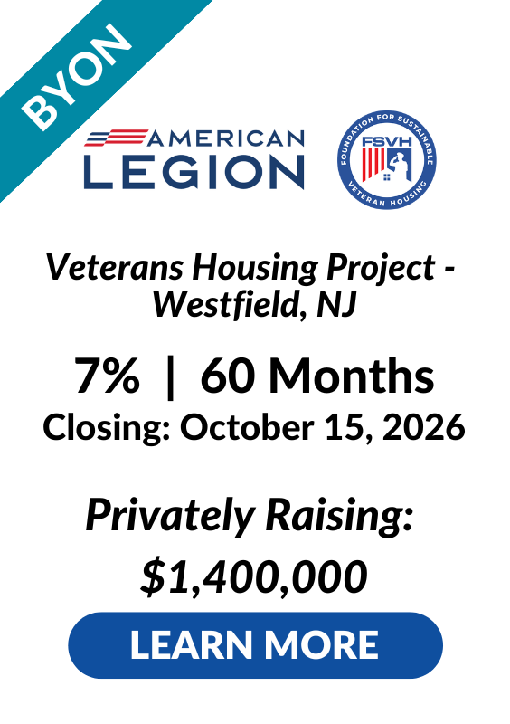 Westfield NJ Veteran Organization Housing Project LENDonate BYON Investment Tombstone Closing October 15 2026